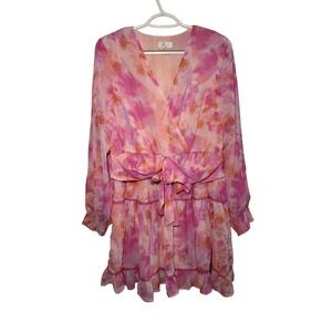 Japna Pink Feminine Teired Smocked Chiffon Mini Dress Womens XL Fairy Dainty